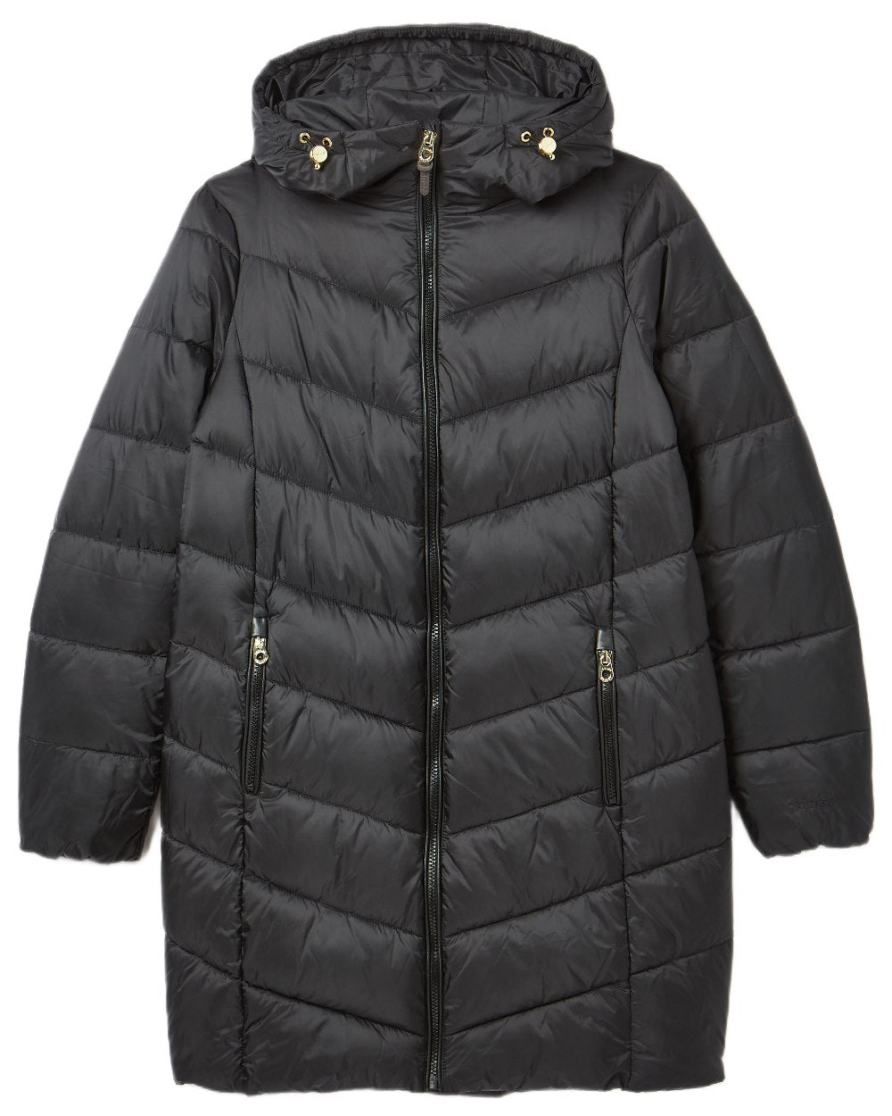 Black coloured Joules Womens Mid Length Showerproof Padded Coat With Hood on white background 