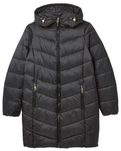 Black coloured Joules Womens Mid Length Showerproof Padded Coat With Hood on white background 
