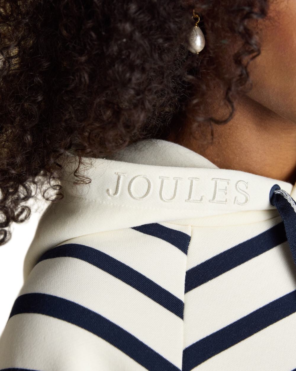 Cream Navy Stripe coloured Joules Womens Milbourne Hoodie on white background 