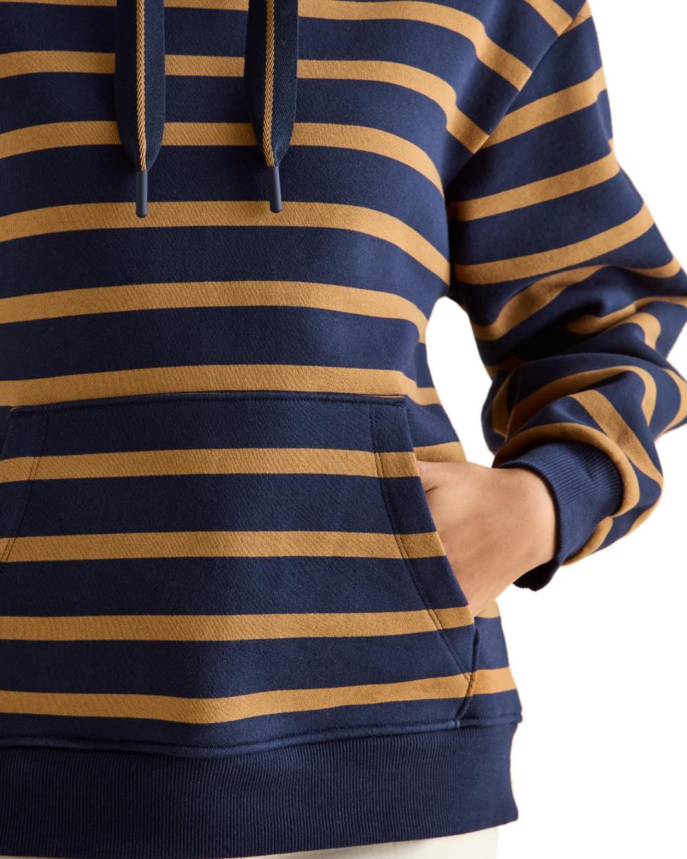 Navy Tan Stripe coloured Joules Womens Milbourne Hoodie on White Background 