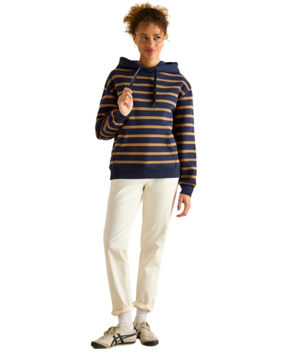 Navy Tan Stripe coloured Joules Womens Milbourne Hoodie on White Background 