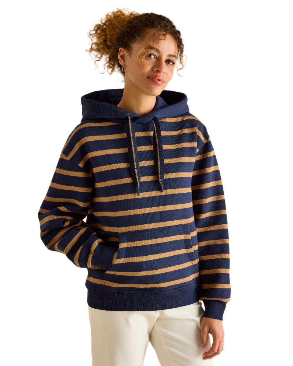 Navy Tan Stripe coloured Joules Womens Milbourne Hoodie on White Background 