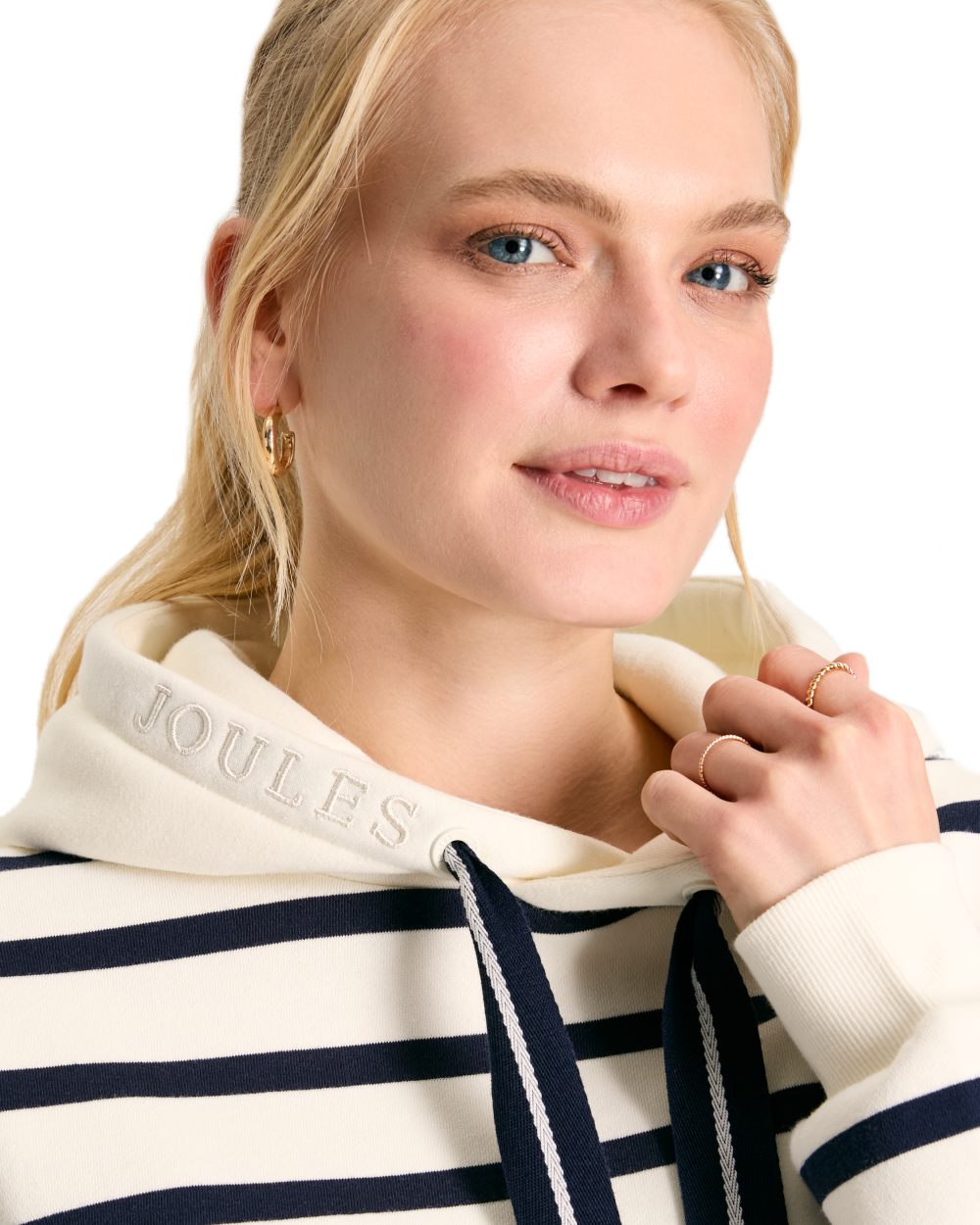 Navy White Stripe coloured Joules Womens Milbourne Hoodie on White Background 