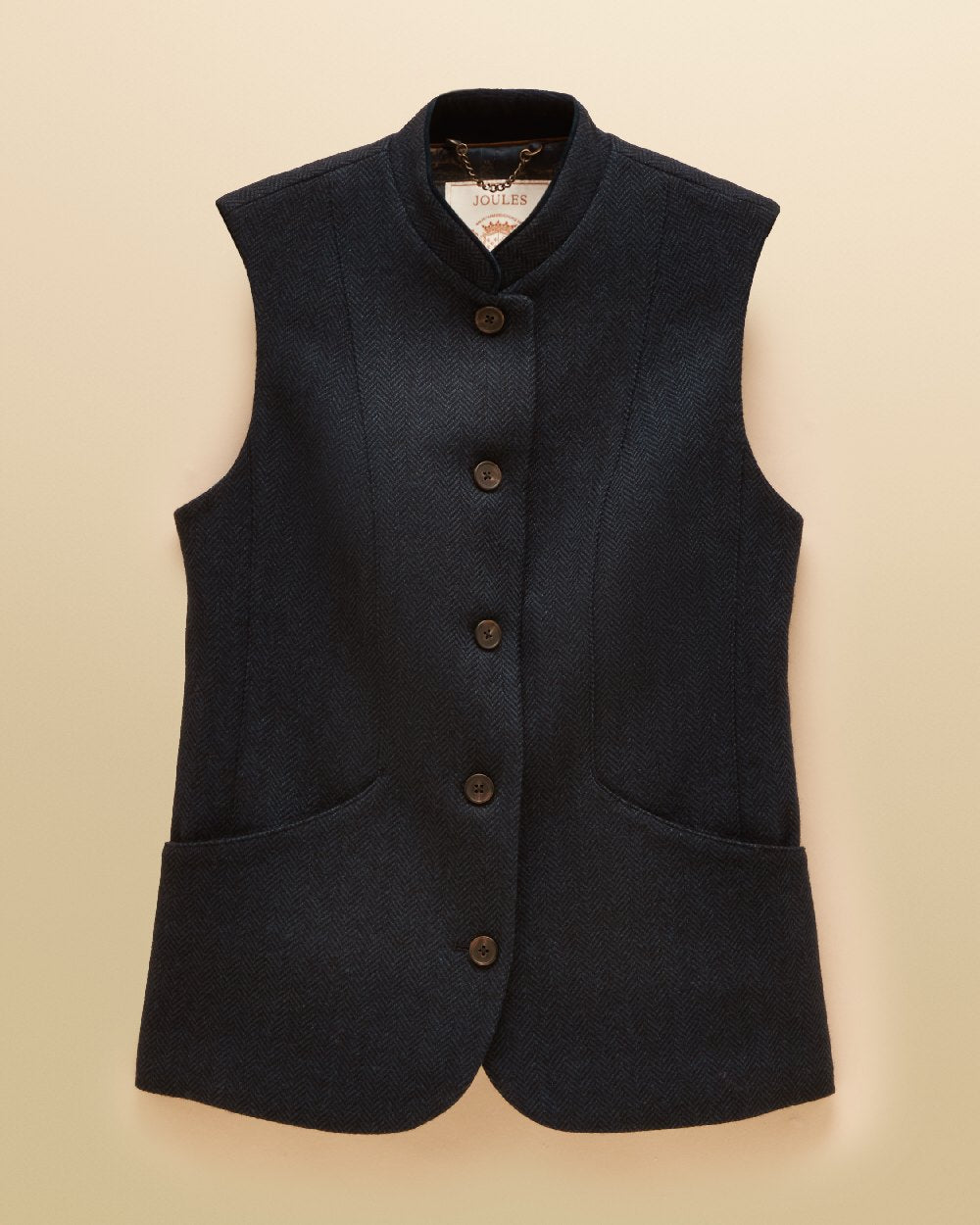 Navy Coloured Joules Womens Nehru Tweed Fitted Gilet on Beige Background 