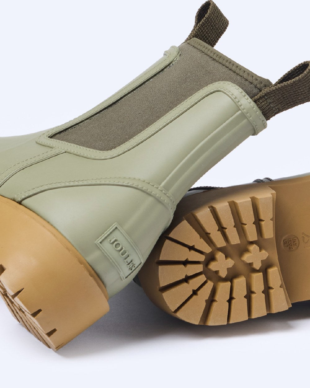 Khaki Green coloured Joules Womens Oakfield Short Neoprene Lined Wellies on lilac background 