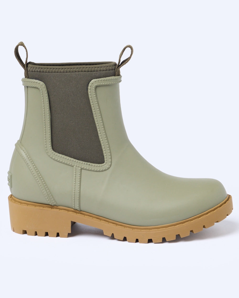 Khaki Green coloured Joules Womens Oakfield Short Neoprene Lined Wellies on lilac background 