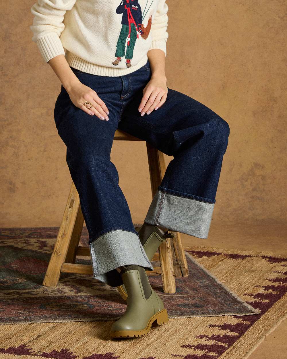 Khaki Green coloured Joules Womens Oakfield Short Neoprene Lined Wellies on studio background 