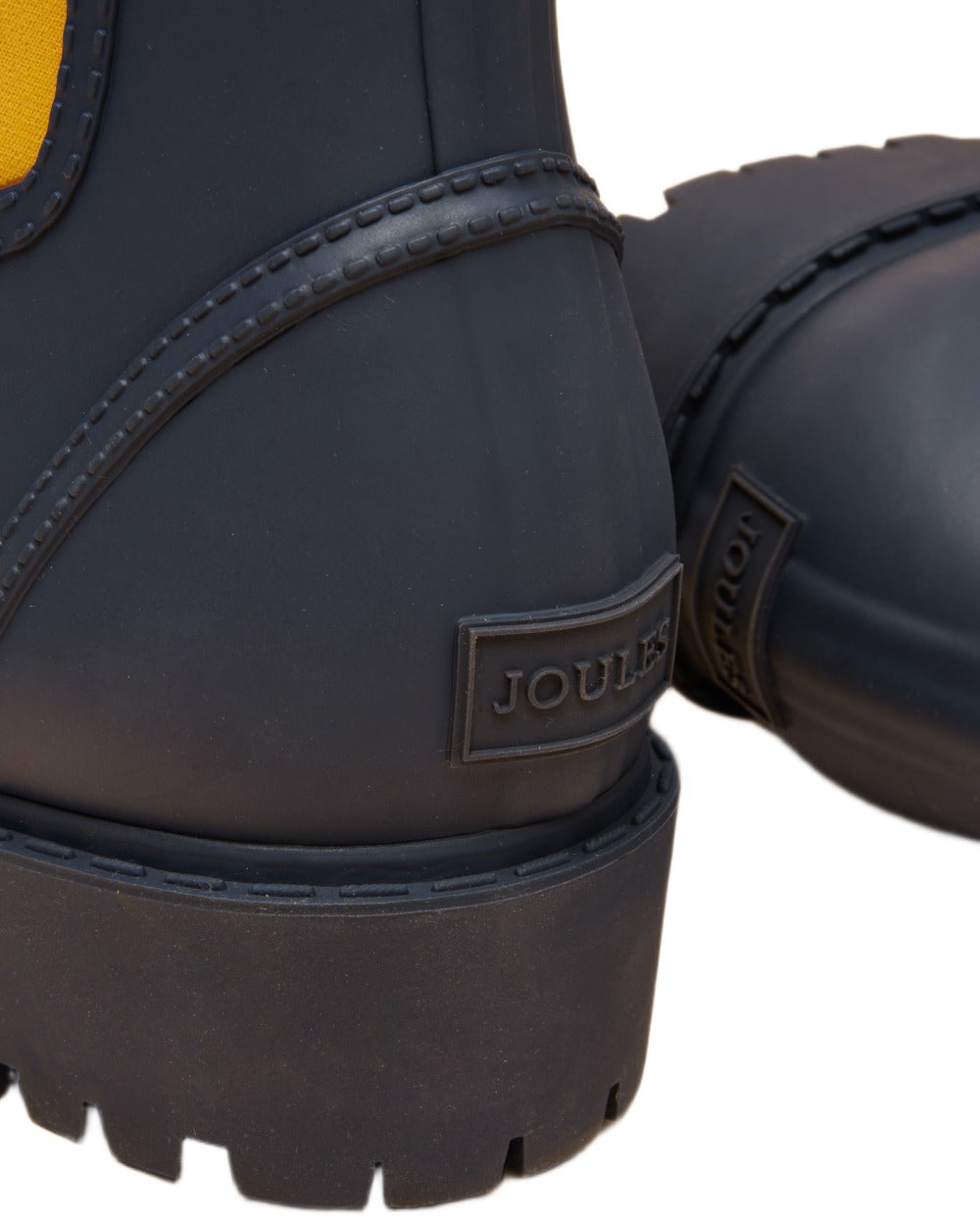 Navy Yellow Coloured Joules Womens Oakfield Short Neoprene Lined Wellies on white background 