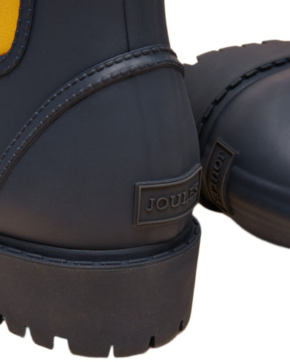 Navy Yellow Coloured Joules Womens Oakfield Short Neoprene Lined Wellies on white background 