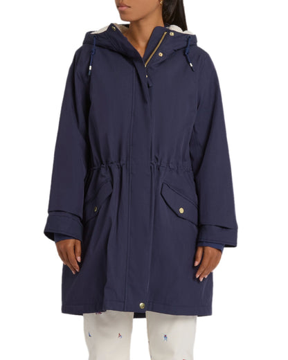 Navy Coloured Joules Womens Portwell Cosy Fleece Lined Waterproof Mac on white background 