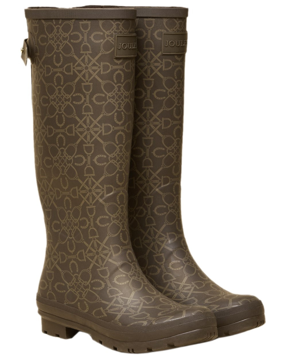 Brown Coloured Joules Womens Printed Wellingtons on white background 