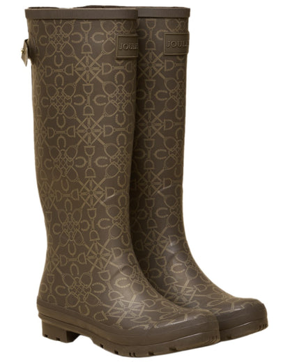 Brown Coloured Joules Womens Printed Wellingtons on white background 