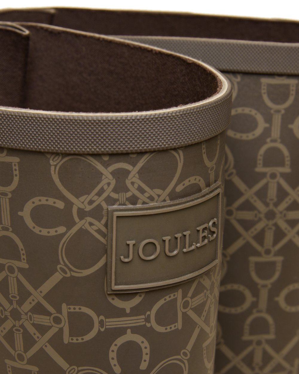 Brown Coloured Joules Womens Printed Wellingtons on white background 
