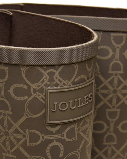 Brown Coloured Joules Womens Printed Wellingtons on white background 