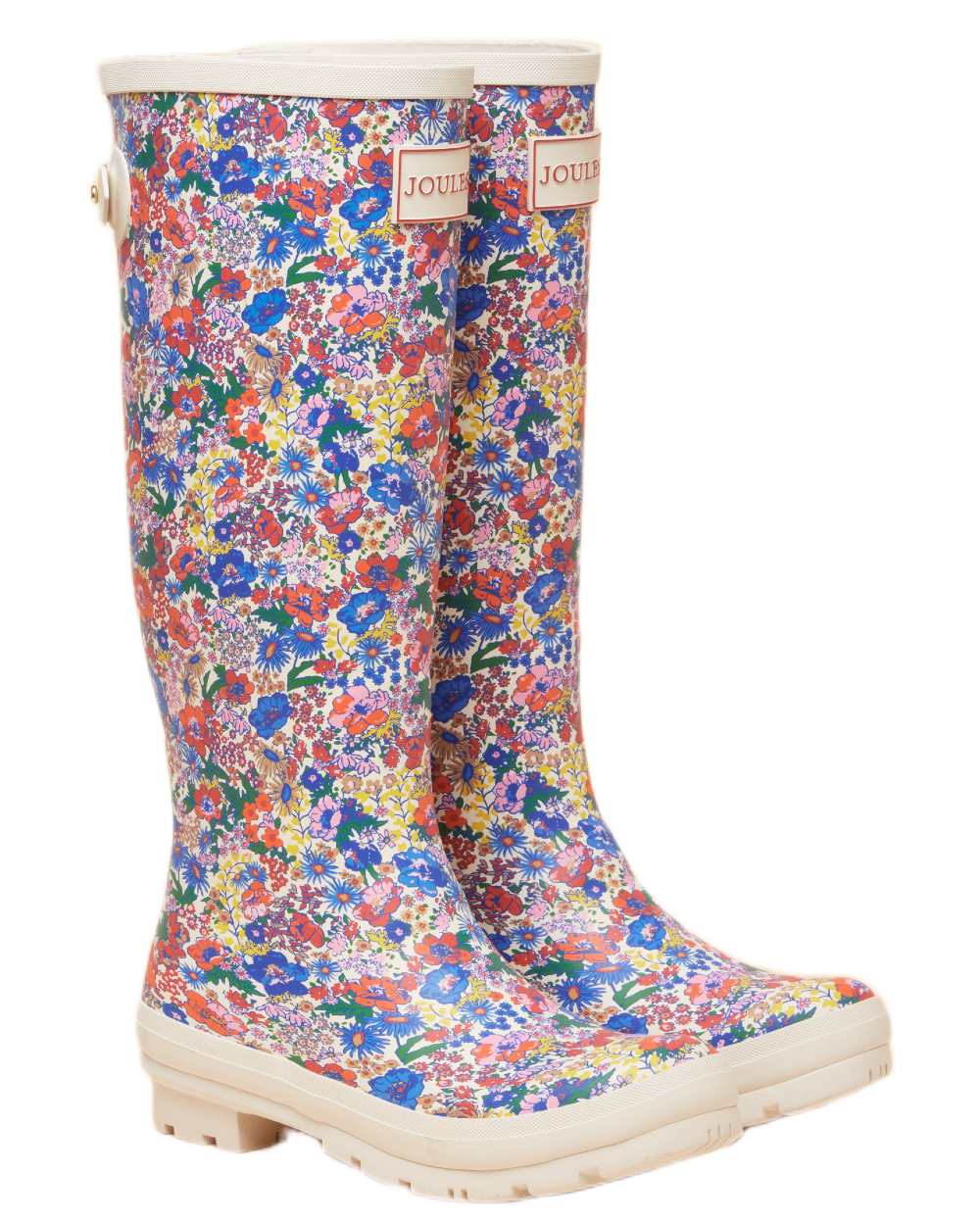 White Ditsy Coloured Joules Womens Printed Wellingtons on white background 