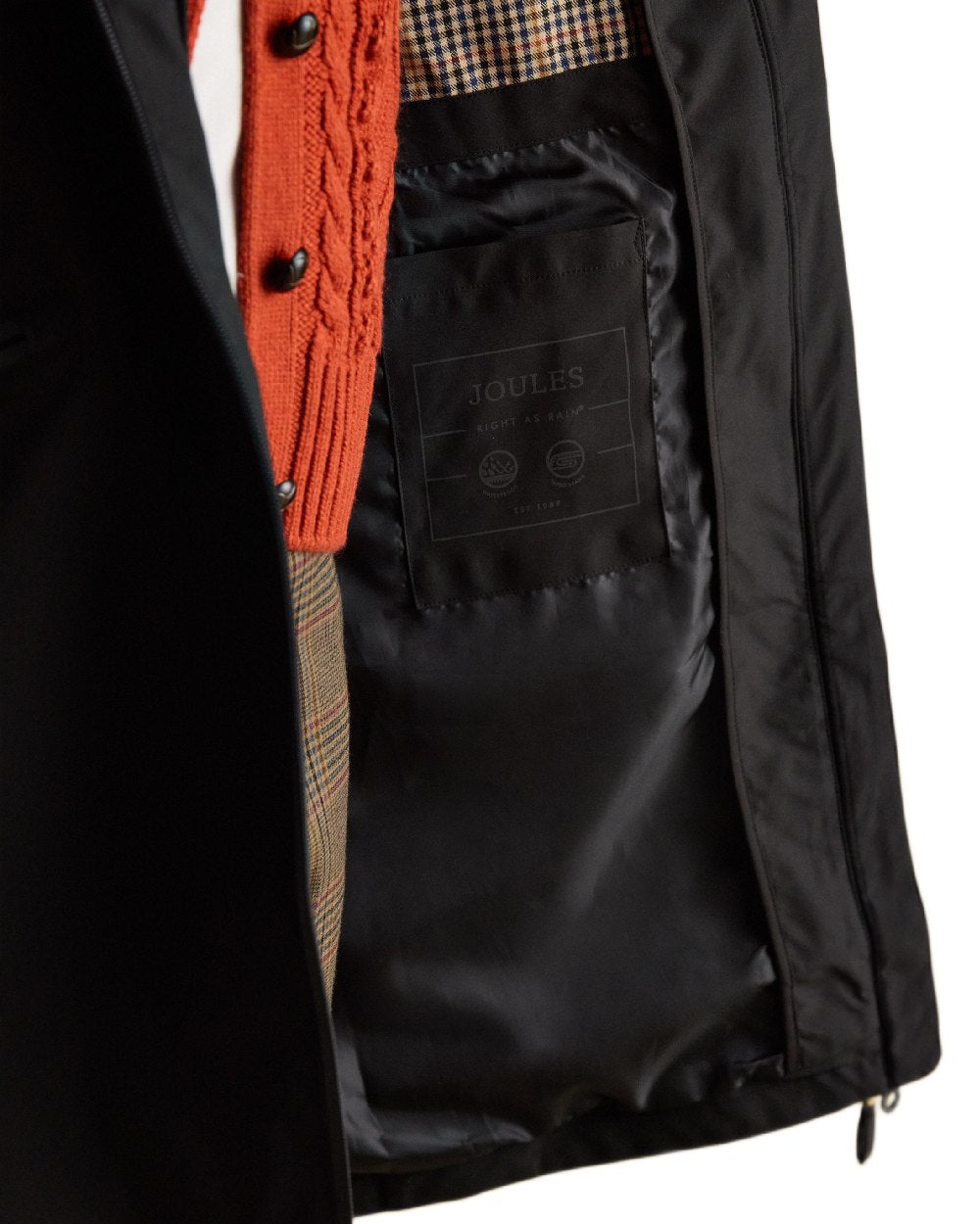 Black Coloured Joules Womens Rainaway Waterproof Longline Raincoat on white background 