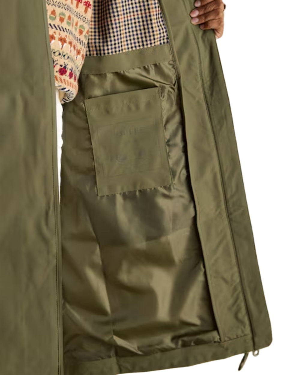 Green Grapeleaf Coloured Joules Womens Rainaway Waterproof Longline Raincoat on white background 