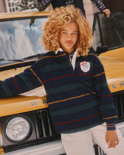 Navy Coloured Joules Womens Rugby Fleece Jacket on outdoor background 