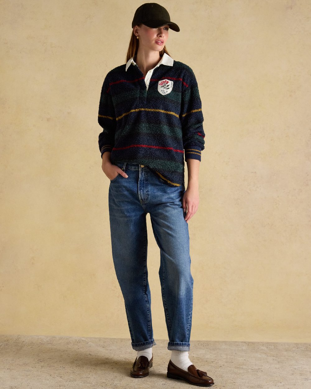 Navy Coloured Joules Womens Rugby Fleece Jacket on studio background 