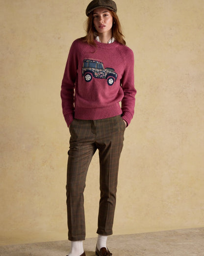 Pink coloured Joules Womens Rutland Intarsia Cotton Rich Knitted Jumper on wall background 