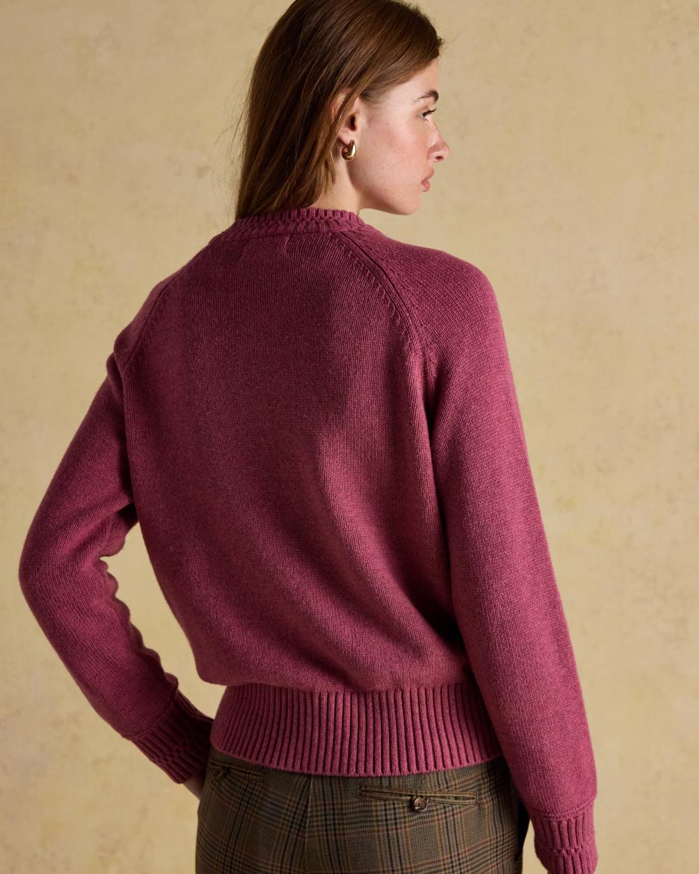 Pink coloured Joules Womens Rutland Intarsia Cotton Rich Knitted Jumper on wall background 