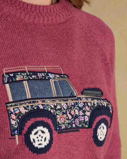 Pink coloured Joules Womens Rutland Intarsia Cotton Rich Knitted Jumper on wall background 