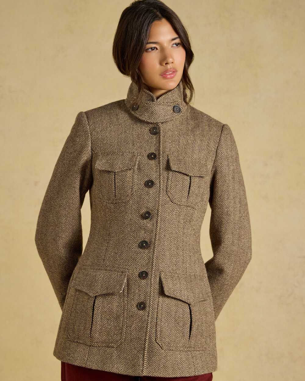 Brown Herringbone Coloured Joules Womens Saddlebury longline Jacket On Beige Background 