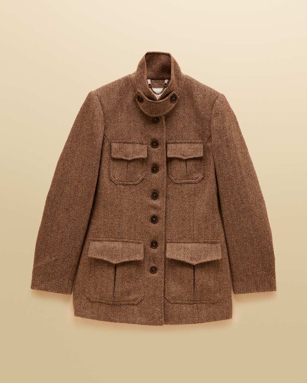 Brown Herringbone Coloured Joules Womens Saddlebury longline Jacket On Beige Background 