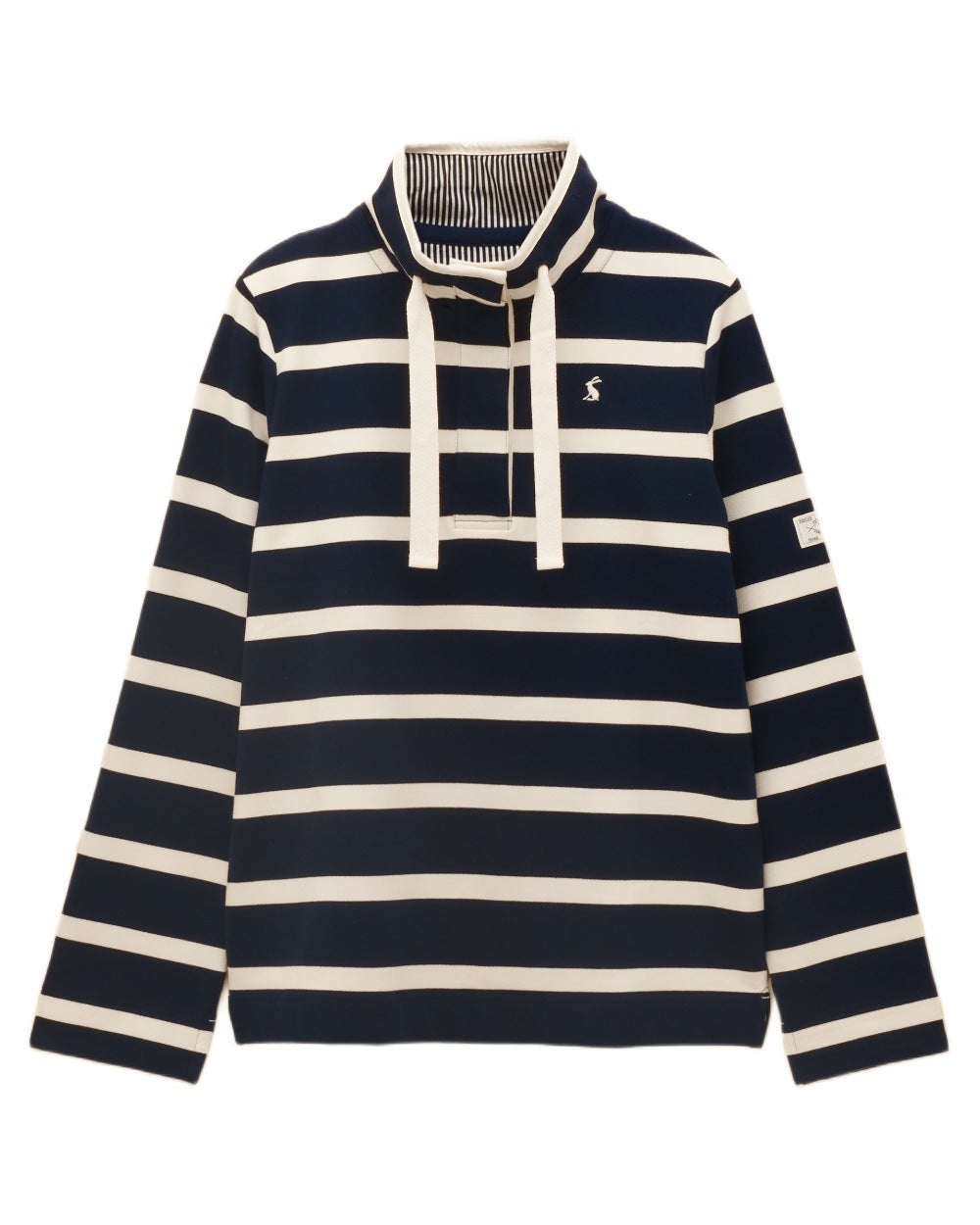 Navy White coloured Joules Womens Saunton Striped Cotton Blend Sweatshirt on white background 