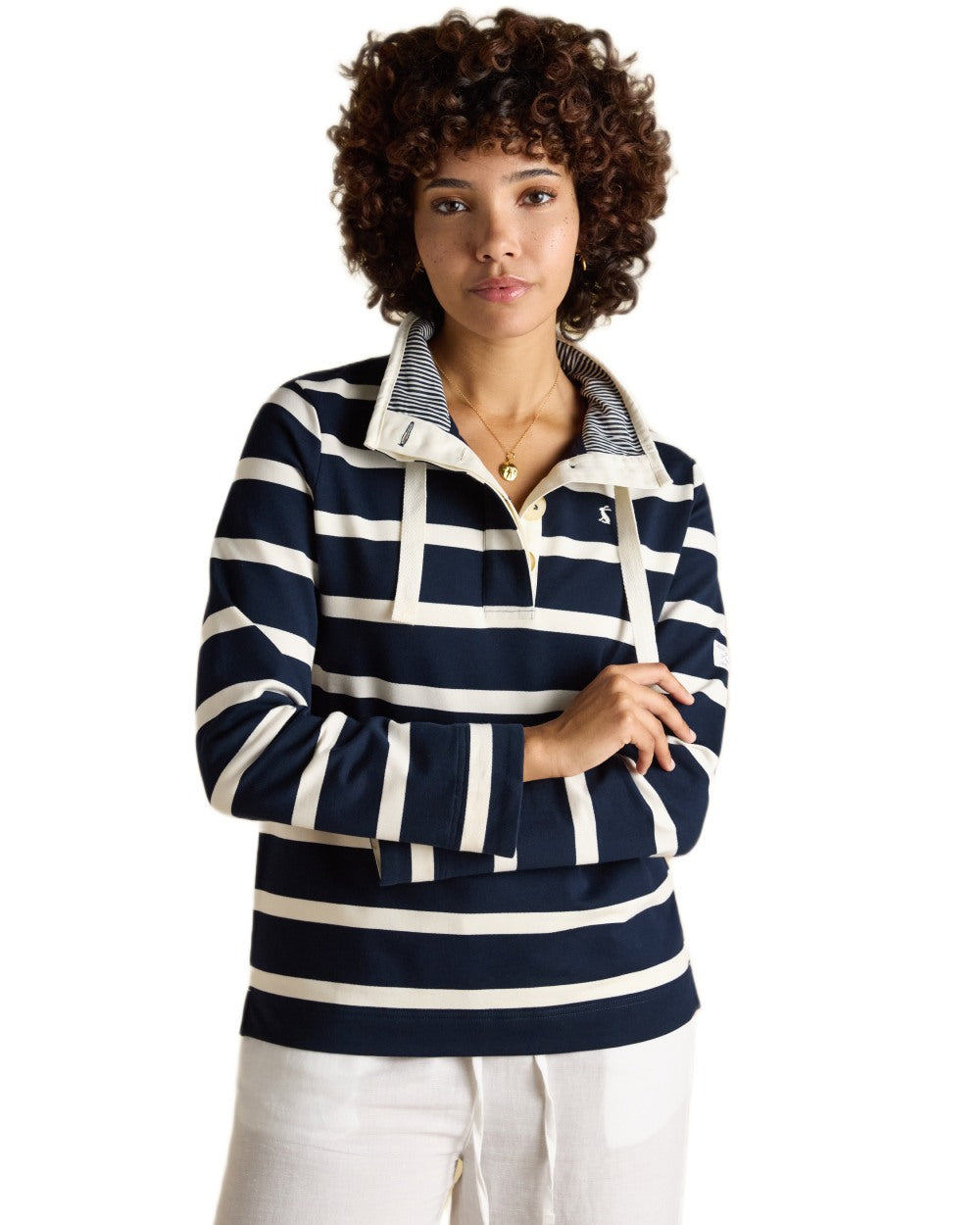 Navy White coloured Joules Womens Saunton Striped Cotton Blend Sweatshirt on white background 