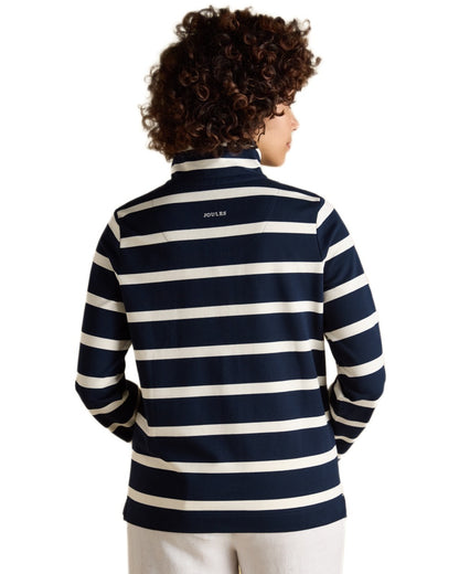Navy White coloured Joules Womens Saunton Striped Cotton Blend Sweatshirt on white background 
