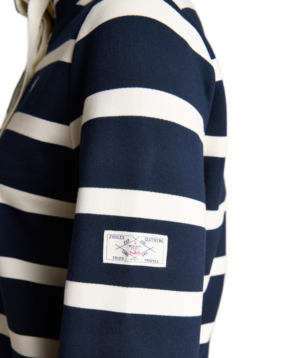 Navy White coloured Joules Womens Saunton Striped Cotton Blend Sweatshirt on white background 