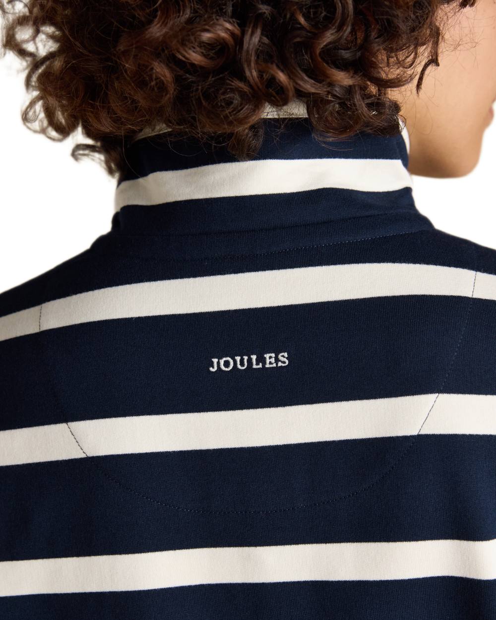 Navy White coloured Joules Womens Saunton Striped Cotton Blend Sweatshirt on white background 