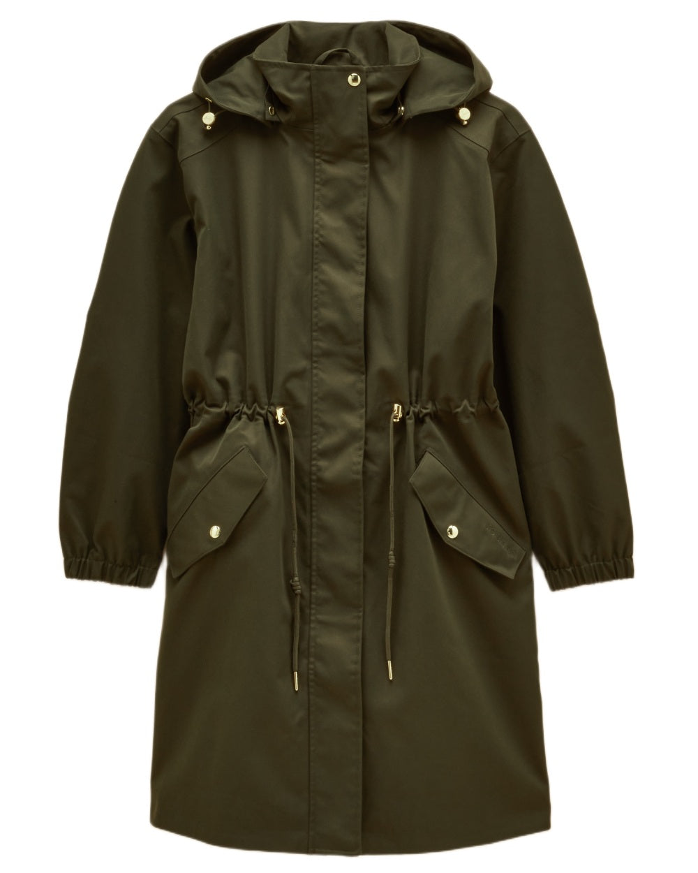 Green coloured Joules Womens Stormwell Waterproof Longline Hooded Raincoat on white background 