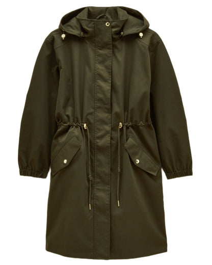 Green coloured Joules Womens Stormwell Waterproof Longline Hooded Raincoat on white background 