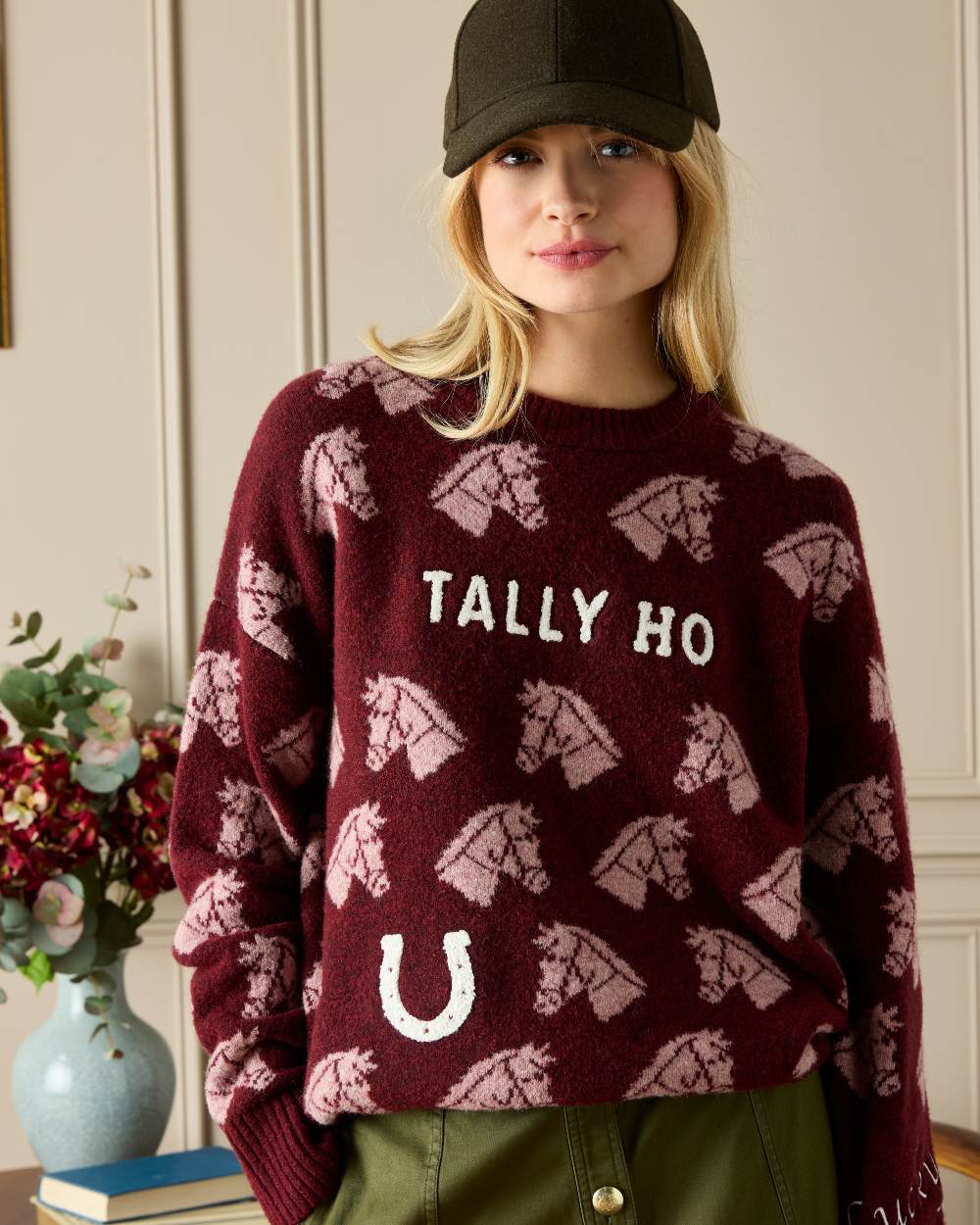 Red Coloured Joules Womens Tally Ho Intarsia Knitted Jumper on white background 