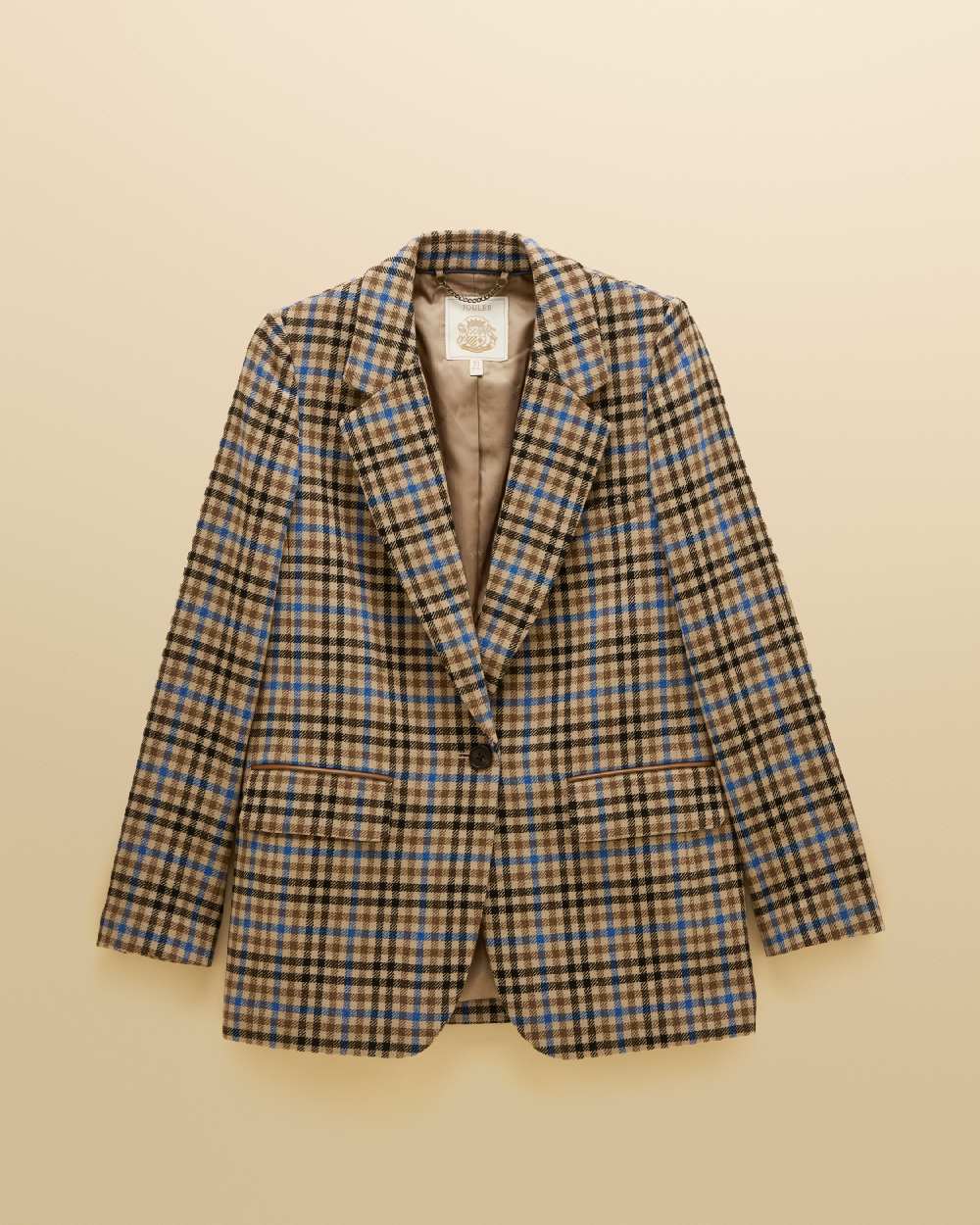 Pendle Tweed Coloured Joules Womens Thronwick Check relaxed Fit Wool Rich Tweed Blazer on Beige Background 