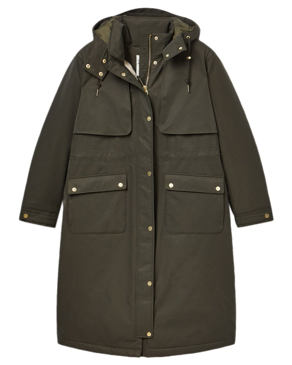 Rosemary Green Coloured Joules Womens Warmwell Waterproof Fleece Lined Raincoat on white background 