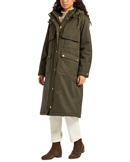Rosemary Green Coloured Joules Womens Warmwell Waterproof Fleece Lined Raincoat on white background 