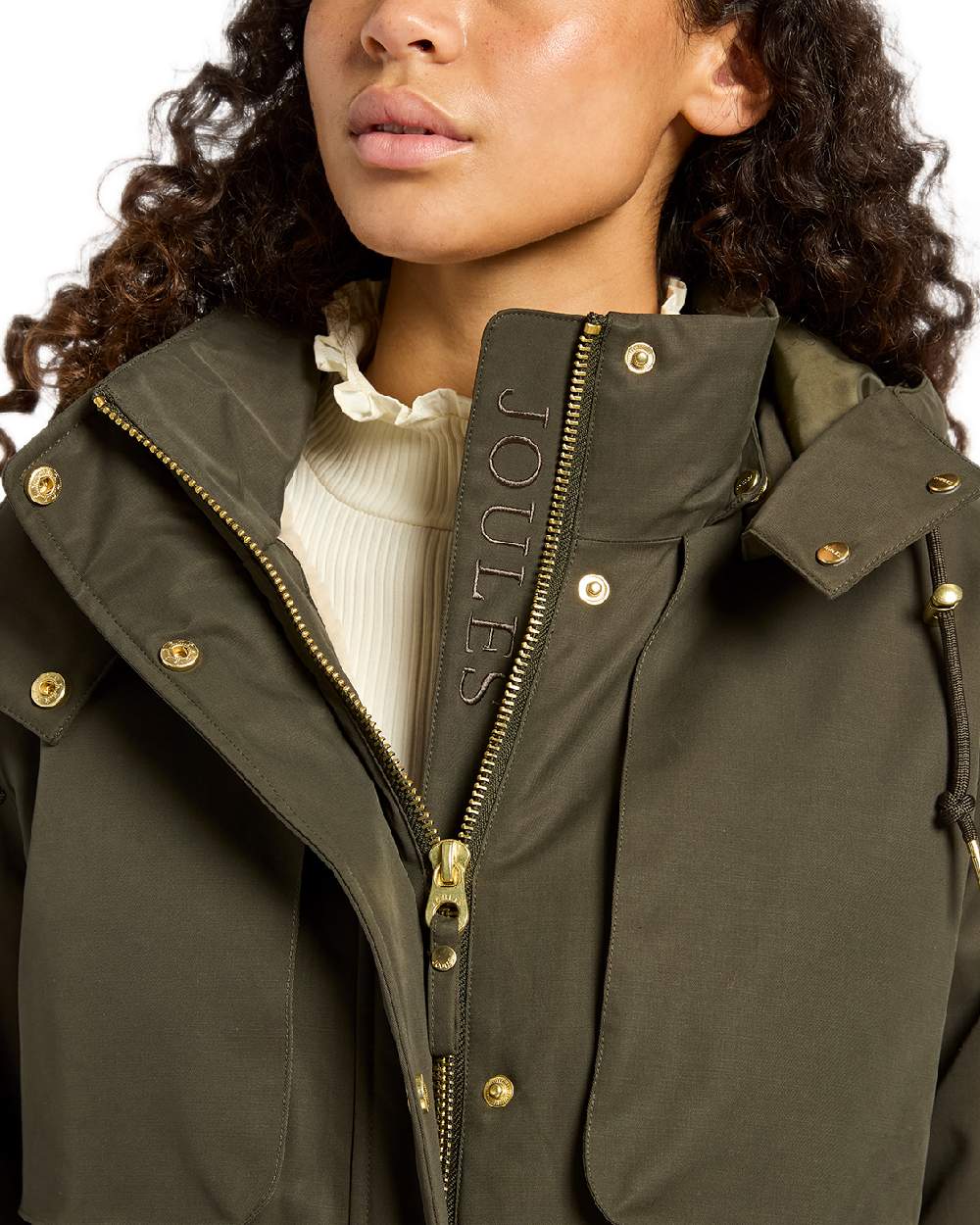 Rosemary Green Coloured Joules Womens Warmwell Waterproof Fleece Lined Raincoat on white background 