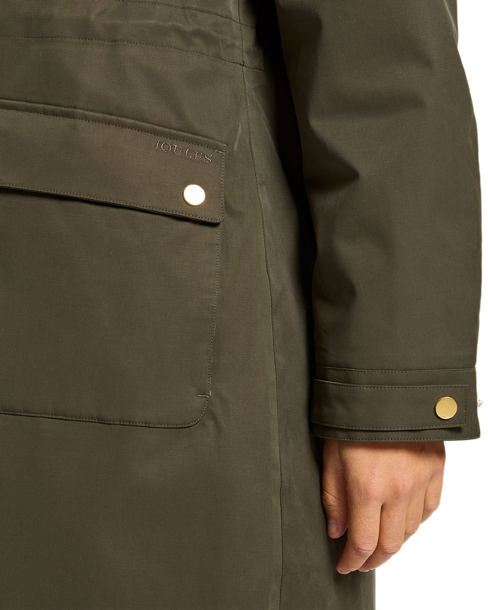 Rosemary Green Coloured Joules Womens Warmwell Waterproof Fleece Lined Raincoat on white background 