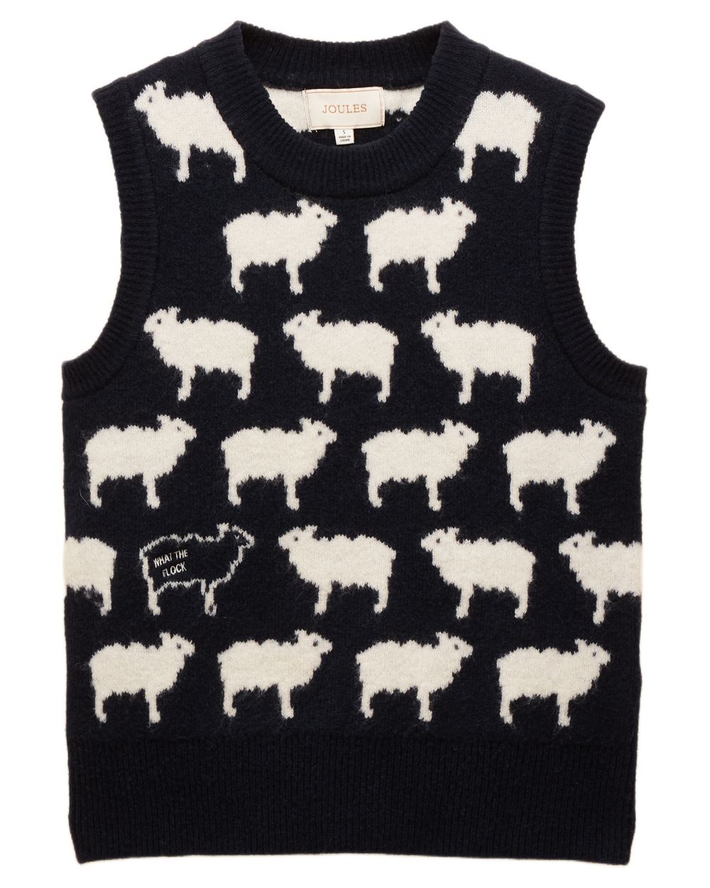 Navy coloured Joules Womens What The Flock Intarsia Knitted Vest on white background 