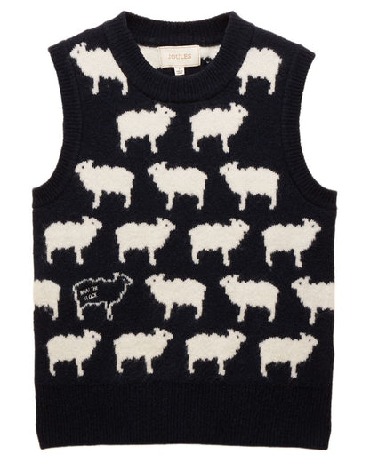 Navy coloured Joules Womens What The Flock Intarsia Knitted Vest on white background 