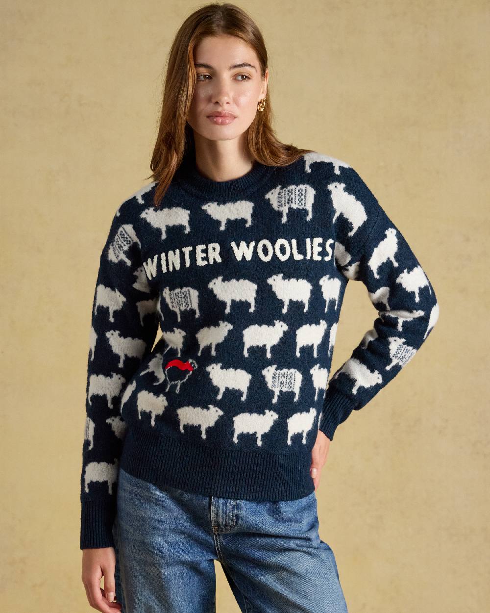 Navy Coloured Joules Womens Winter Woolies Knit on Beige Background 