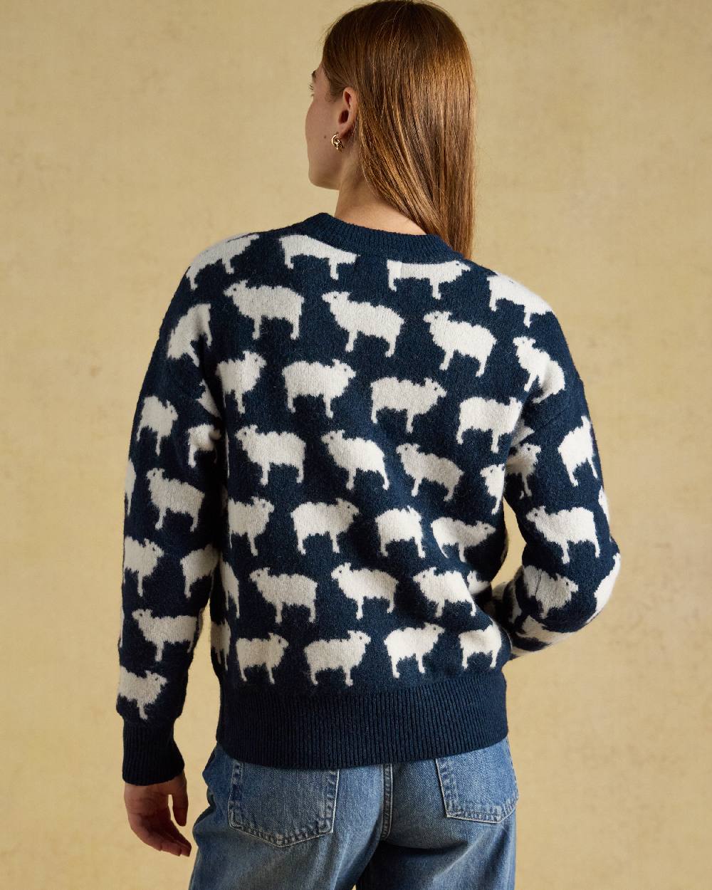 Navy Coloured Joules Womens Winter Woolies Knit on Beige Background 