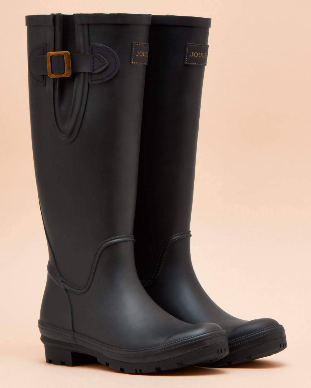 Navy Blue coloured Joules Womens Houghton Adjustable Tall Wellies on tan background 