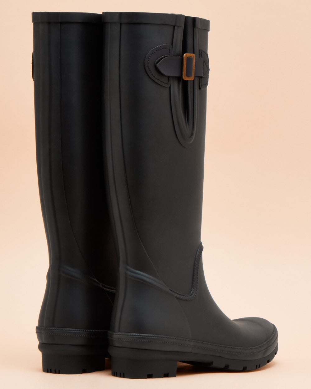 Navy Blue coloured Joules Womens Houghton Adjustable Tall Wellies on tan background 