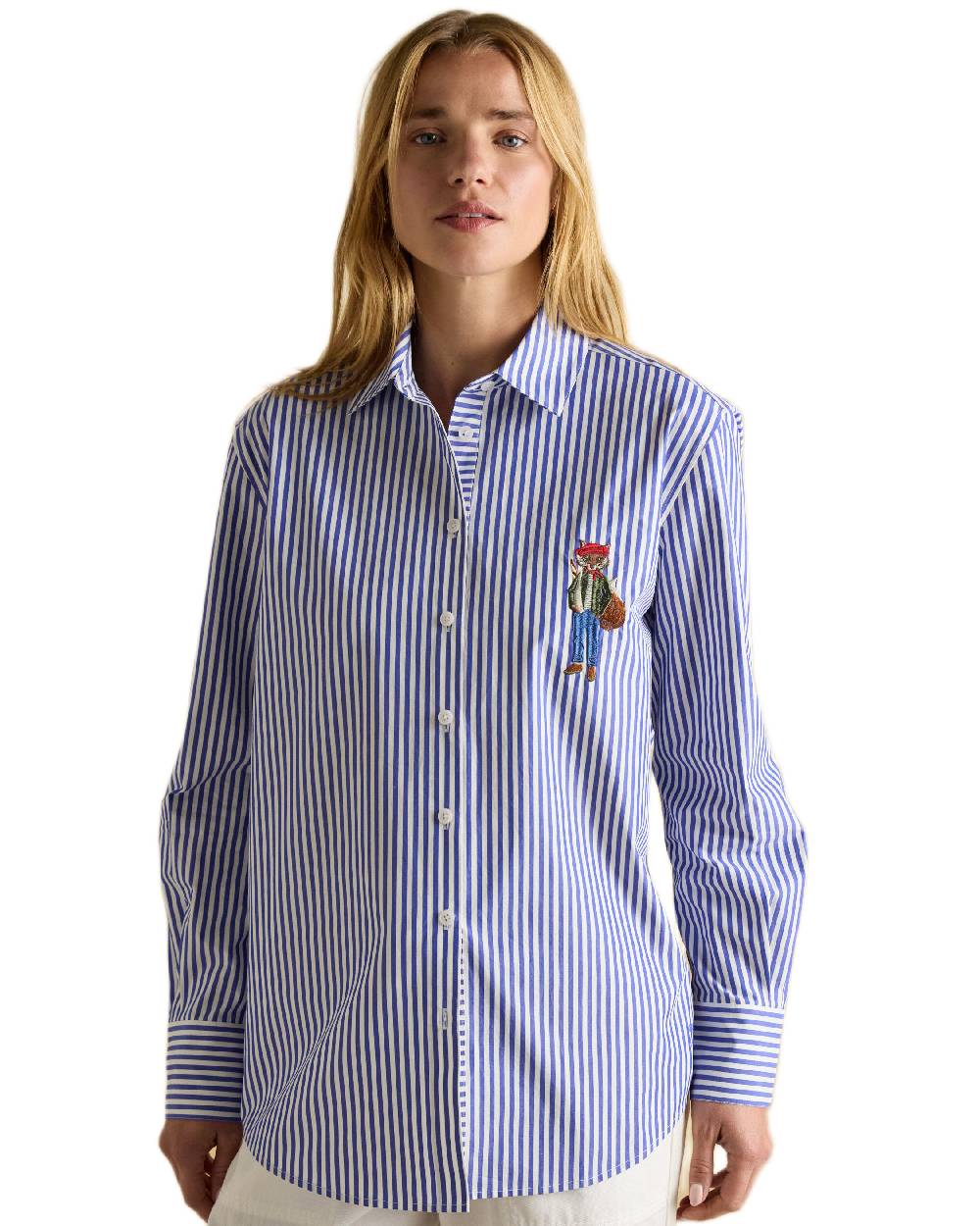 Blue White Coloured Joules Amilla Boyfriend Fit Shirt on white background 