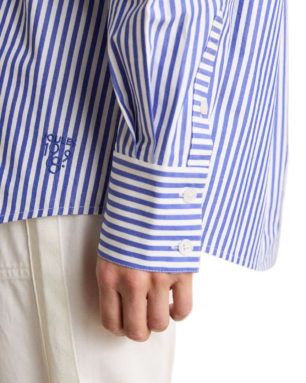 Blue White Coloured Joules Amilla Boyfriend Fit Shirt on white background 
