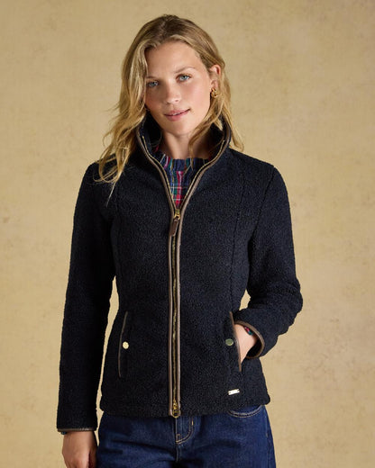 Navy Coloured Joules Borg Womens Heritage Full Zip On Beige Background 